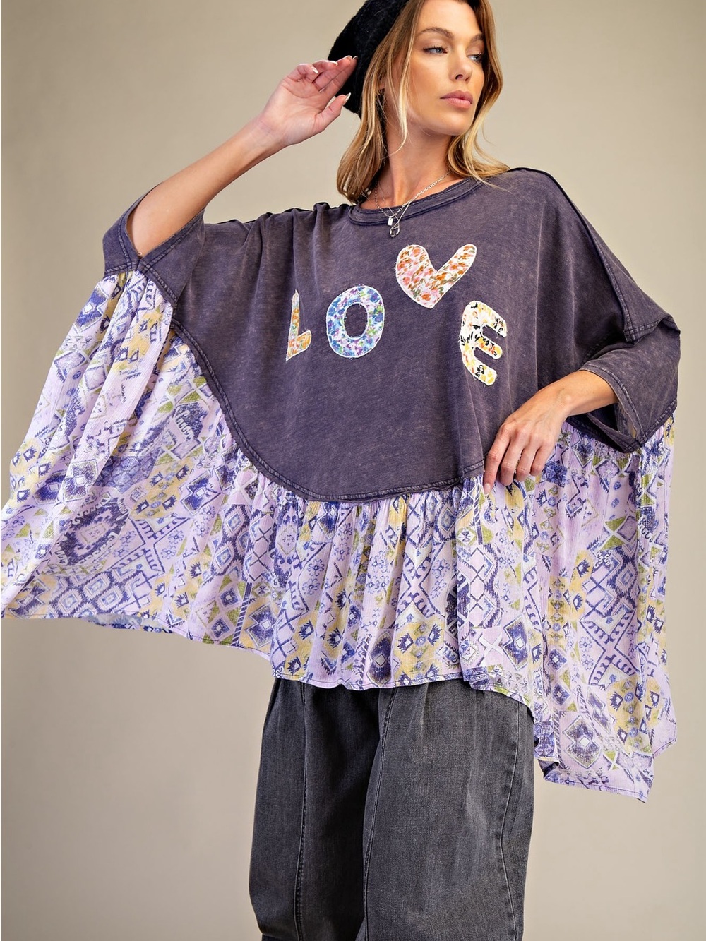 Boho Lavender Patchwork "LOVE" Oversized Women’s Top